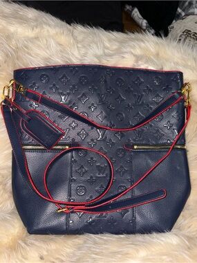 Inspired Navy Blue Monogram Shoulder Bag with Red Trim